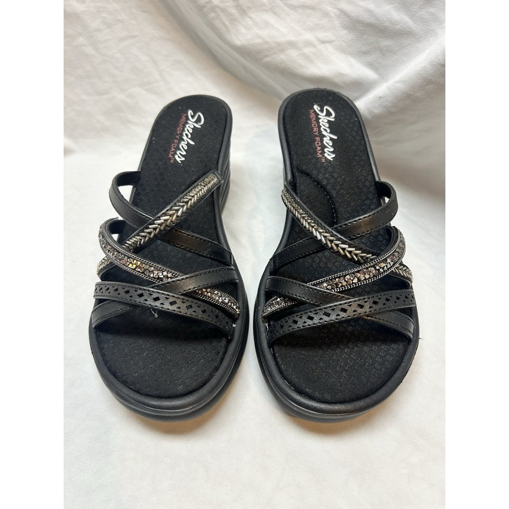 Skechers Rumbler Wave New Lassie Black Memory Foam Sandals 8 Rhinestone